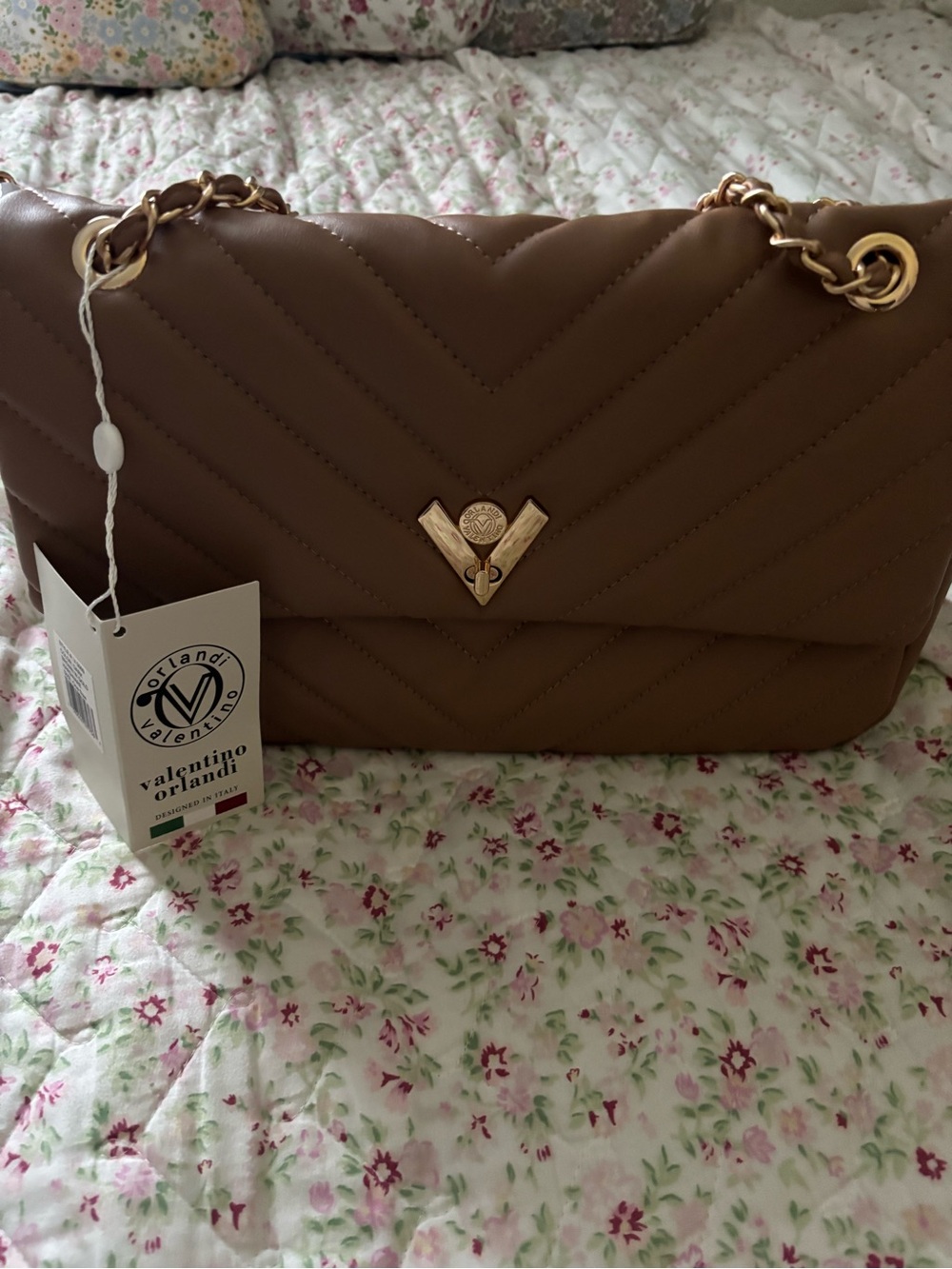 Valentino Orlandi Tan Quilted Shoulder Bag with Gold Hardware